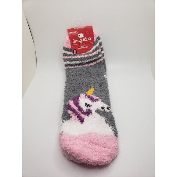 SNUGADOO Unicorn socks fuzzy stripe pink gray thick hosiery - Picture 1 of 4